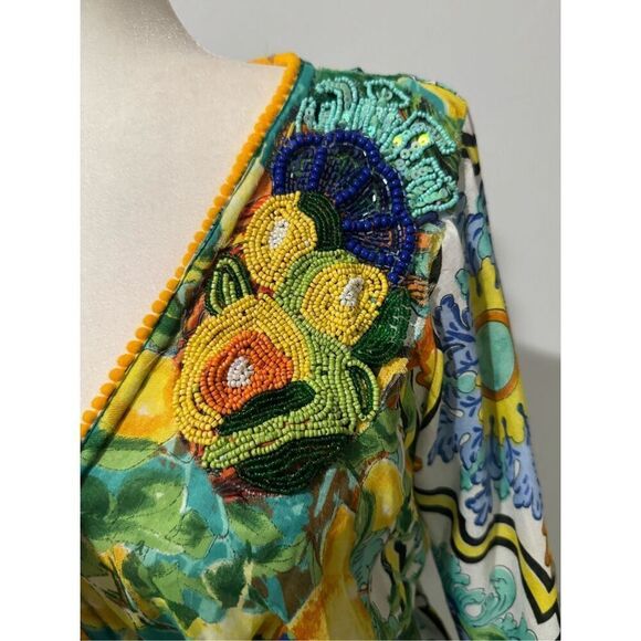 Antica Sartoria NWT lemons blue floral pattern beaded tie front long maxi cover - Picture 10 of 16
